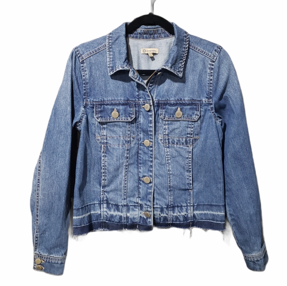 Democracy Frayed Cropped Denim Jacket Small 100% Cotton